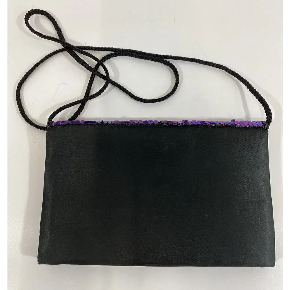 Vtg Formal Clutch Purse Beaded Wearable Art 90s Purple Black City Night Scene